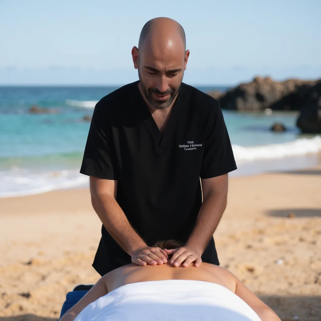 Massage therapist giving a back massage on the beach in Lanzarote