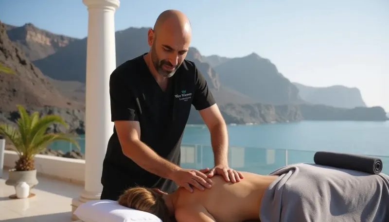 Masajista profesional realizando masaje circulatorio con vistas al mar en Lanzarote