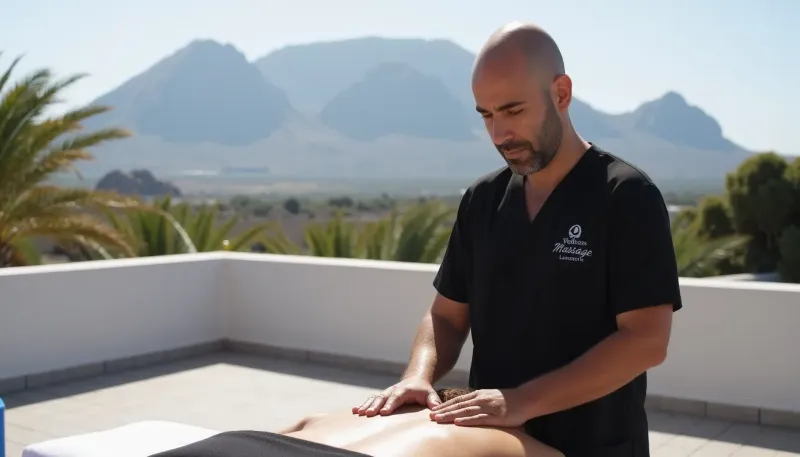 Masajista realizando masaje circulatorio en terraza con vistas en Lanzarote