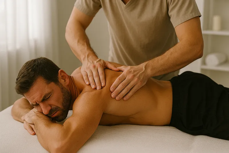 Masaje descontracturante en la espalda de un hombre en Lanzarote a domicilio