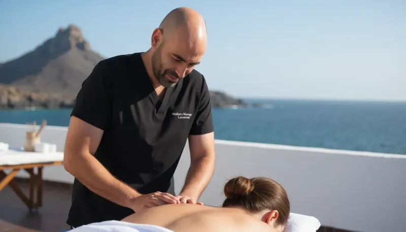 Terapeuta masculino profesional dando un masaje relajante de espalda a domicilio en Lanzarote, con vistas a la montaña y el mar.