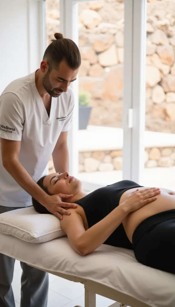 Professional male therapist providing a gentle pregnancy home massage in Lanzarote, focusing on the shoulder and neck area for an expectant mother on a massage table.
