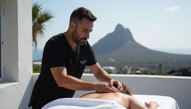 Professional therapist giving a relaxing back massage during a pregnancy home massage session in Lanzarote, ensuring comfort for the expectant mother.