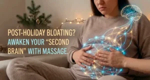 Woman with hands on stomach overlaid with a glowing neural network graphic connected to a brain outline. Text overlay reads: "POST-HOLIDAY BLOATING? AWAKEN YOUR 'SECOND BRAIN' WITH MASSAGE." Christmas decorations in the background.