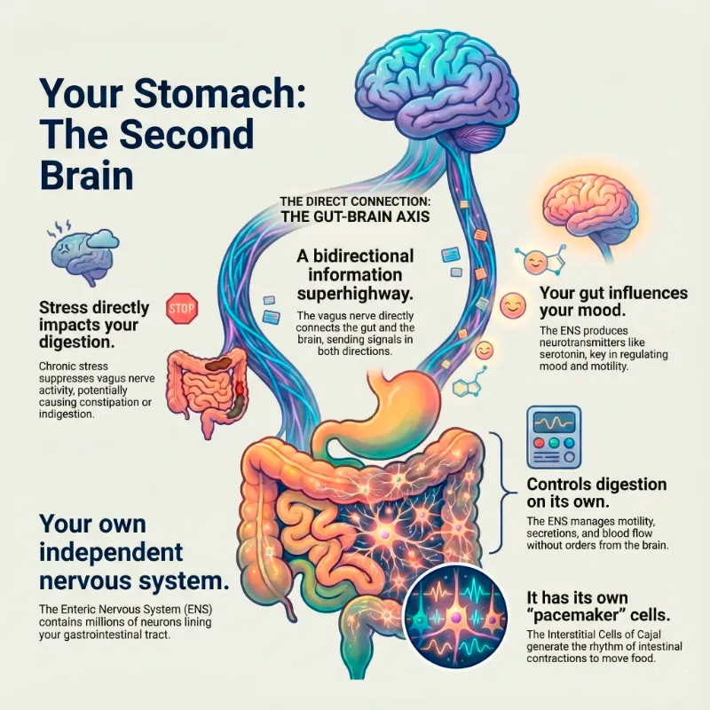 Infographic titled "Your Stomach: The Second Brain," illustrating the bidirectional connection of the gut-brain axis via the vagus nerve. It explains how stress impacts digestion, how the gut influences mood via serotonin, and the role of the Enteric Nervous System as an independent controller with pacemaker cells.